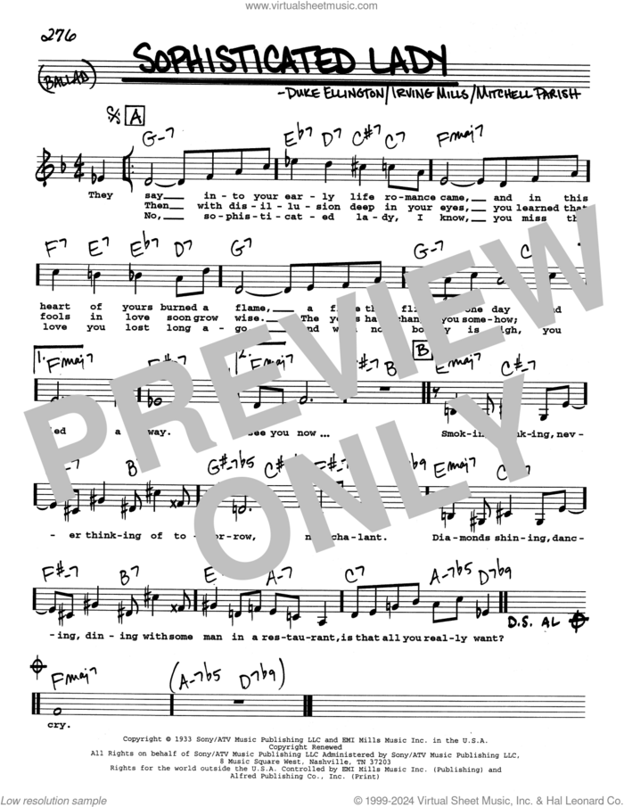 Sophisticated Lady (Low Voice) sheet music for voice and other instruments (real book with lyrics) by Duke Ellington, Irving Mills and Mitchell Parish, intermediate skill level