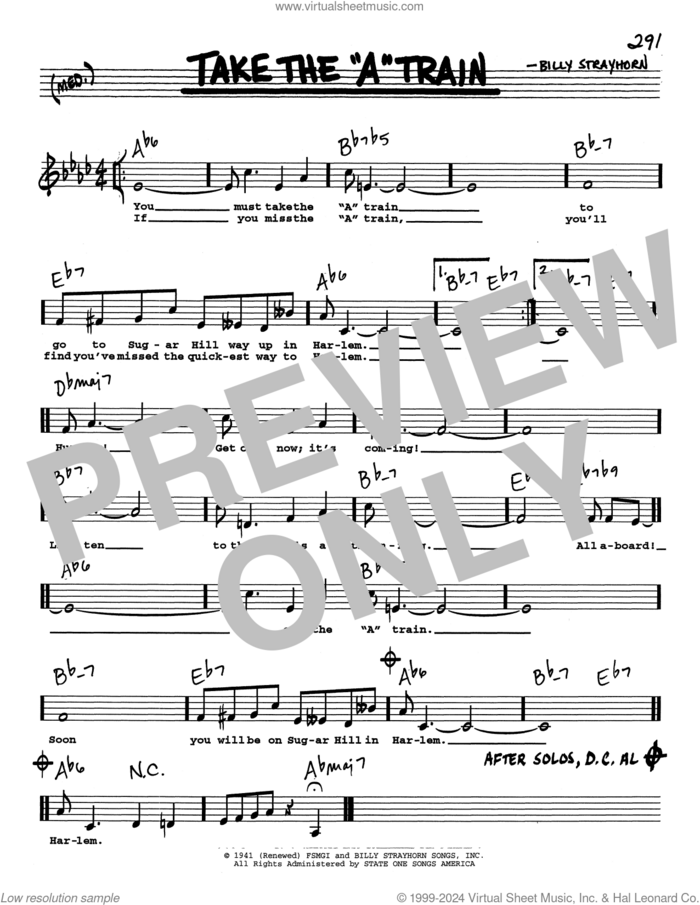 Take The 'A' Train (Low Voice) sheet music for voice and other instruments (real book with lyrics) by Billy Strayhorn, intermediate skill level