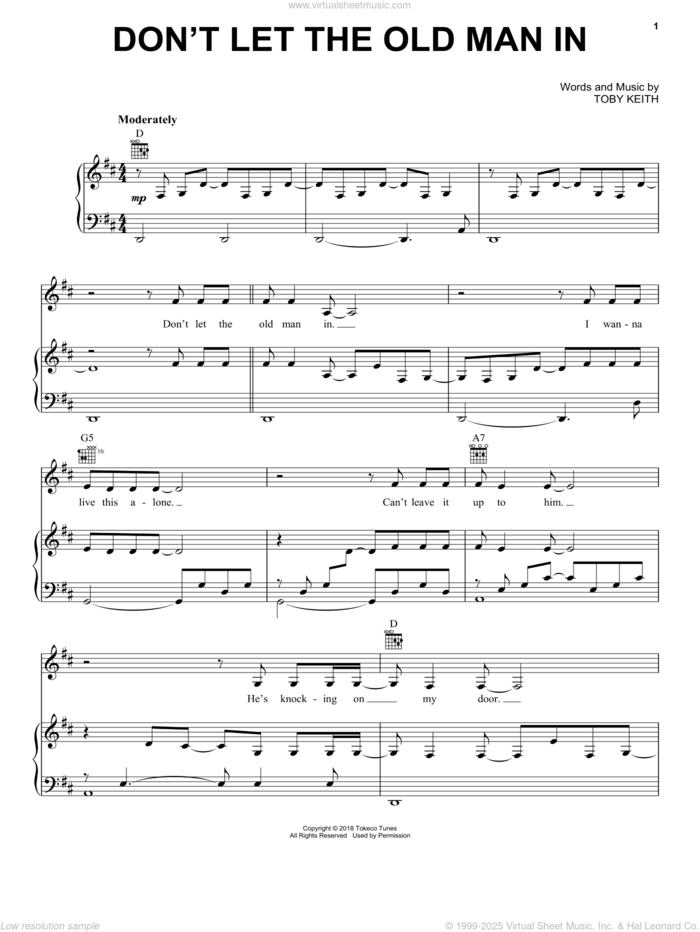 Don't Let The Old Man In sheet music for voice, piano or guitar by Toby Keith, intermediate skill level