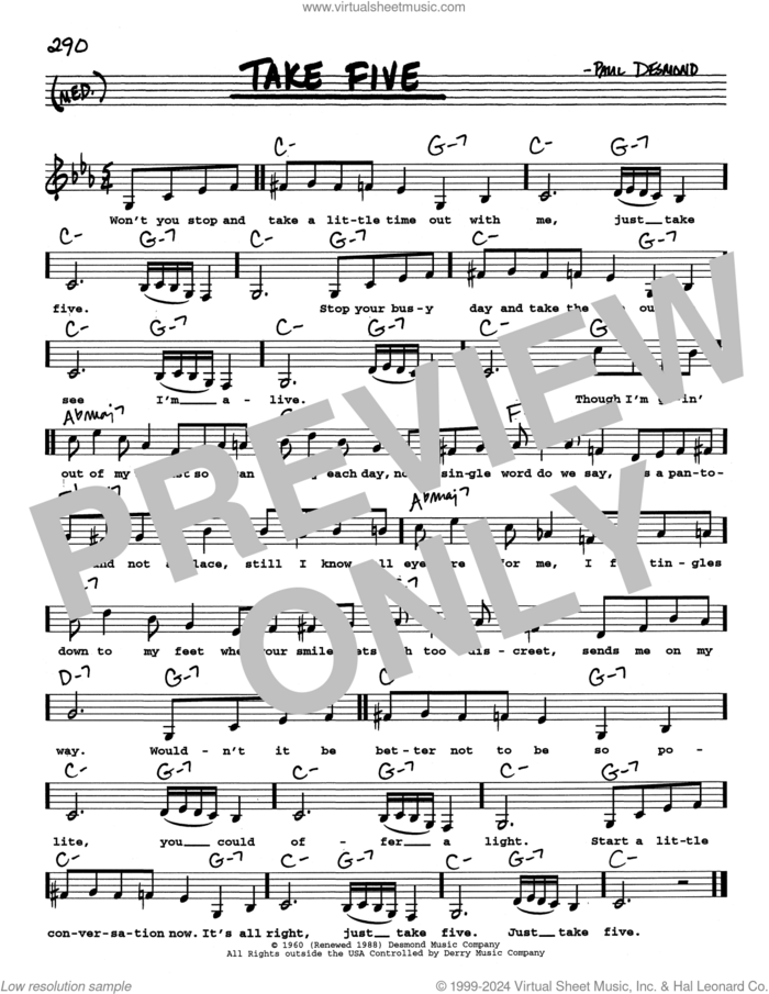 Take Five (Low Voice) sheet music for voice and other instruments (real book with lyrics) by Paul Desmond, intermediate skill level