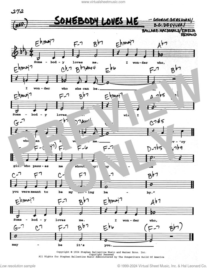 Somebody Loves Me (Low Voice) sheet music for voice and other instruments (real book with lyrics) by George Gershwin, Ballard MacDonald and Buddy DeSylva, intermediate skill level