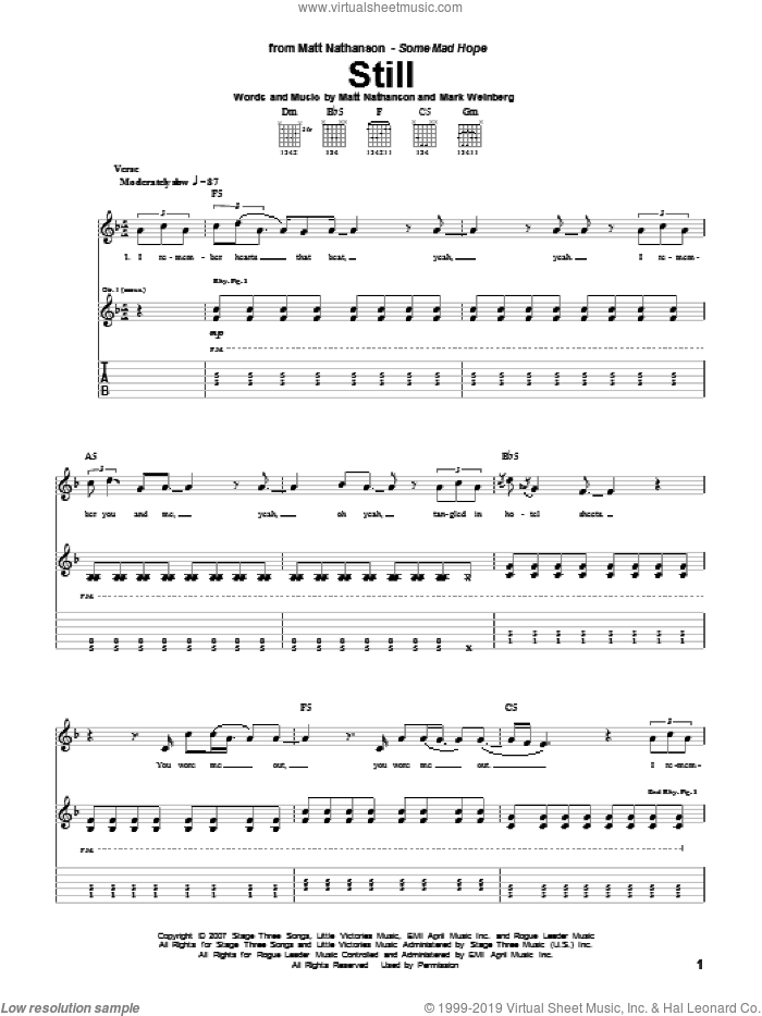 Still sheet music for guitar (tablature) by Matt Nathanson and Mark Weinberg, intermediate skill level