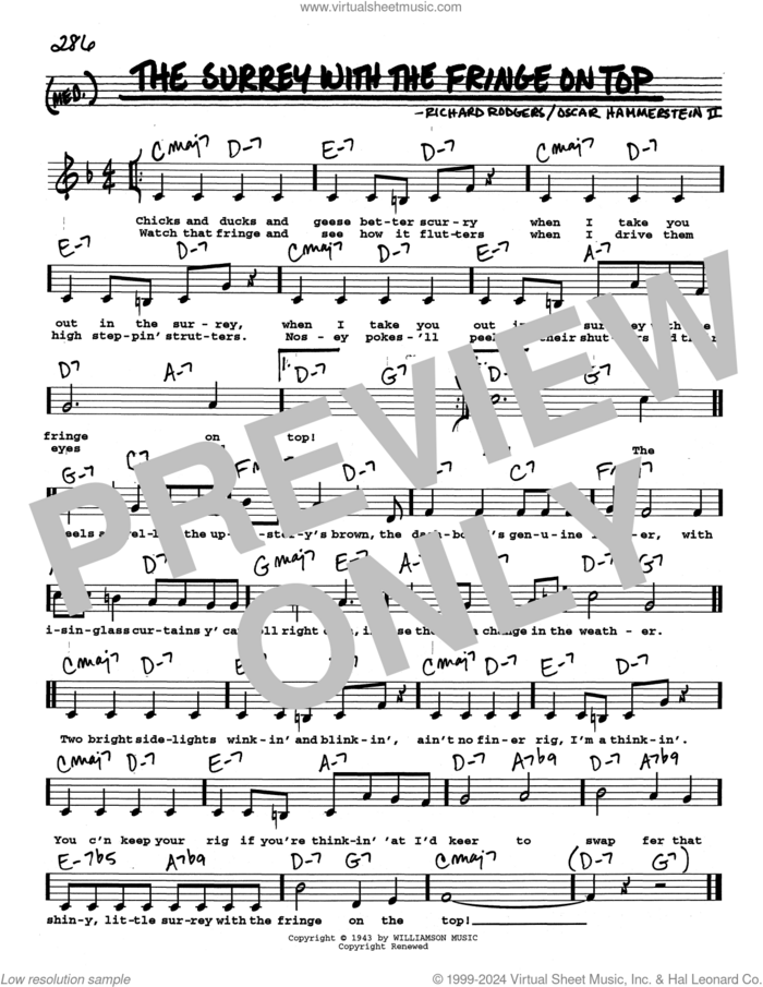 The Surrey With The Fringe On Top (Low Voice) sheet music for voice and other instruments (real book with lyrics) by Richard Rodgers, Oscar II Hammerstein and Rodgers & Hammerstein, intermediate skill level