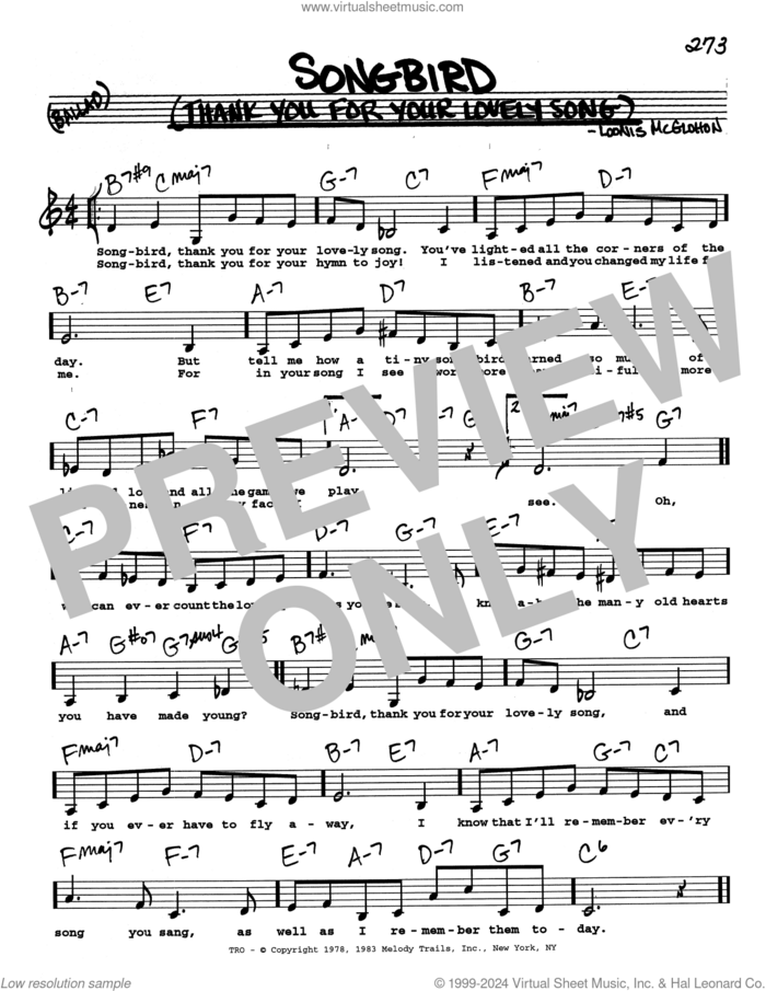 Songbird (Thank You For Your Lovely Song) (Low Voice) sheet music for voice and other instruments (real book with lyrics) by Loonis McGlohon, intermediate skill level