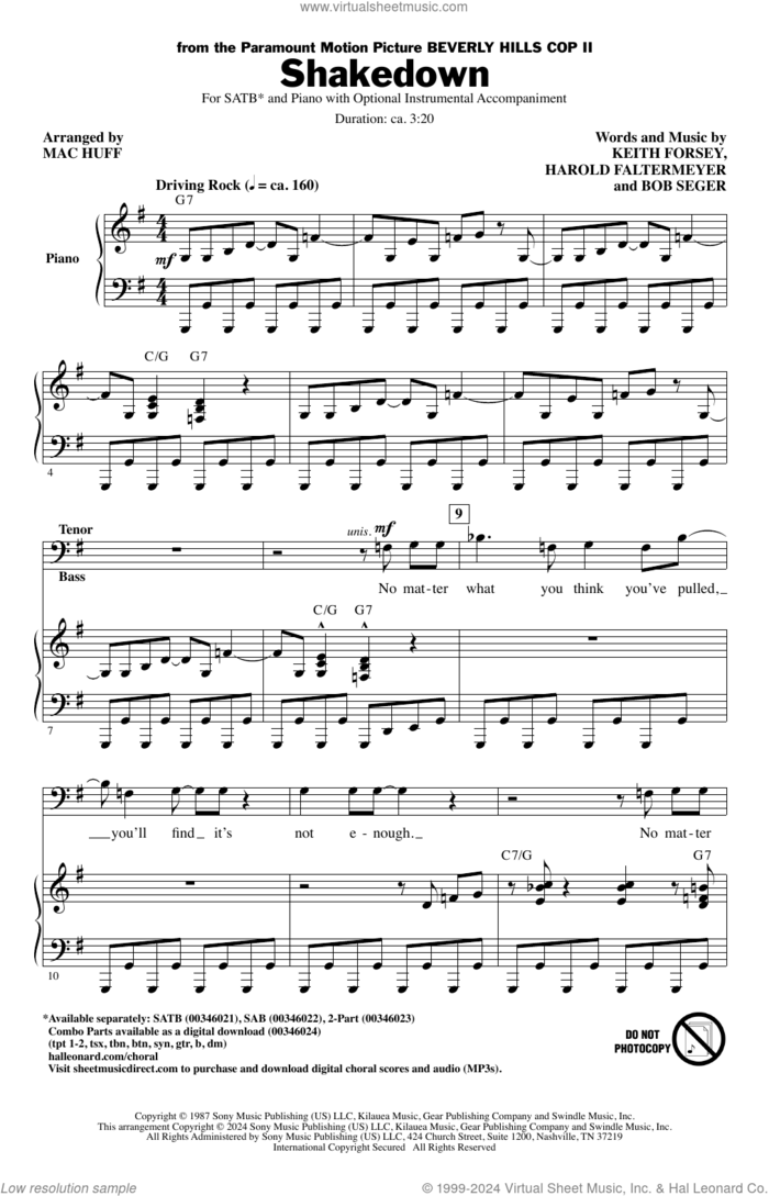 Shakedown (arr. Mac Huff) sheet music for choir (SATB: soprano, alto, tenor, bass) by Bob Seger, Mac Huff, Harold Faltermeyer and Keith Forsey, intermediate skill level
