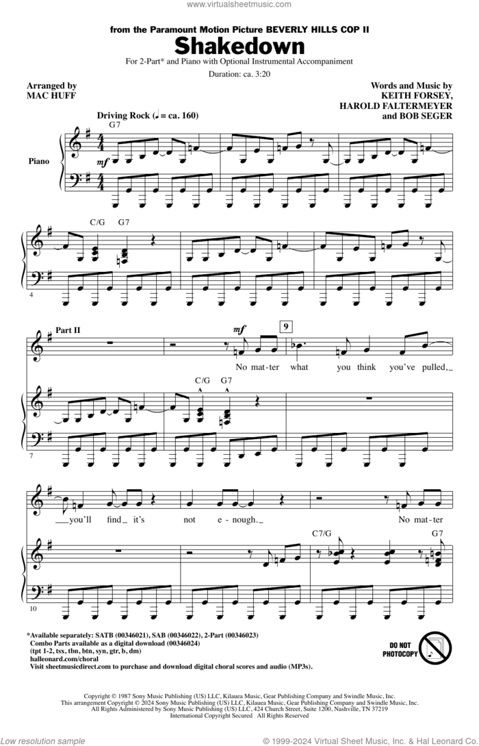Shakedown (arr. Mac Huff) sheet music for choir (2-Part) by Bob Seger, Mac Huff, Harold Faltermeyer and Keith Forsey, intermediate duet