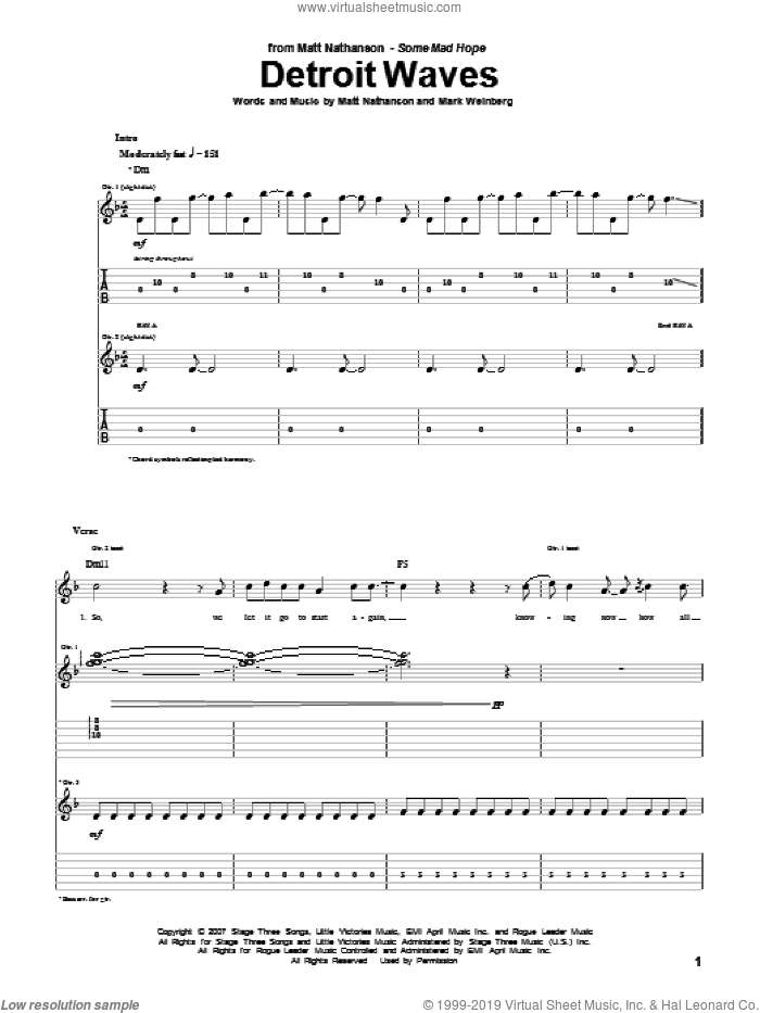 Detroit Waves sheet music for guitar (tablature) by Matt Nathanson and Mark Weinberg, intermediate skill level