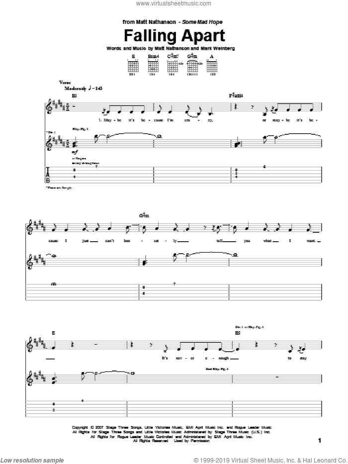 Falling Apart sheet music for guitar (tablature) by Matt Nathanson and Mark Weinberg, intermediate skill level