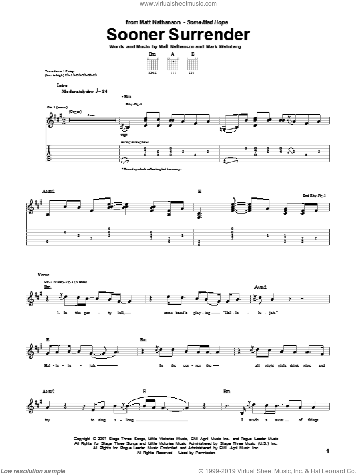 Sooner Surrender sheet music for guitar (tablature) by Matt Nathanson and Mark Weinberg, intermediate skill level