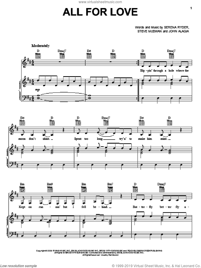 All For Love sheet music for voice, piano or guitar by Serena Ryder, John Alagia and Steve McEwan, intermediate skill level