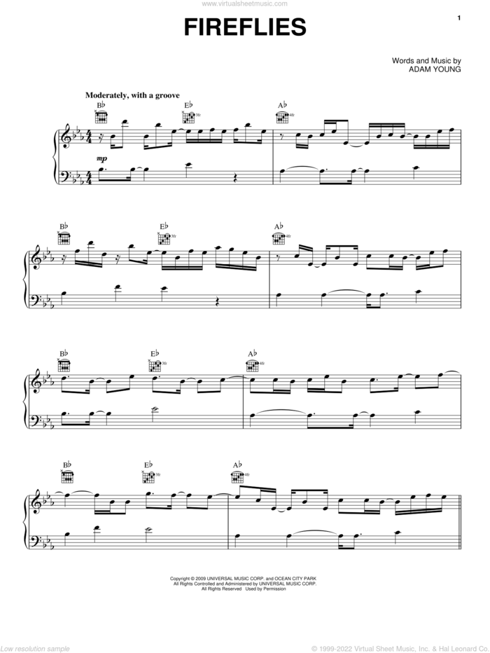 Fireflies sheet music for voice, piano or guitar by Owl City and Adam Young, intermediate skill level