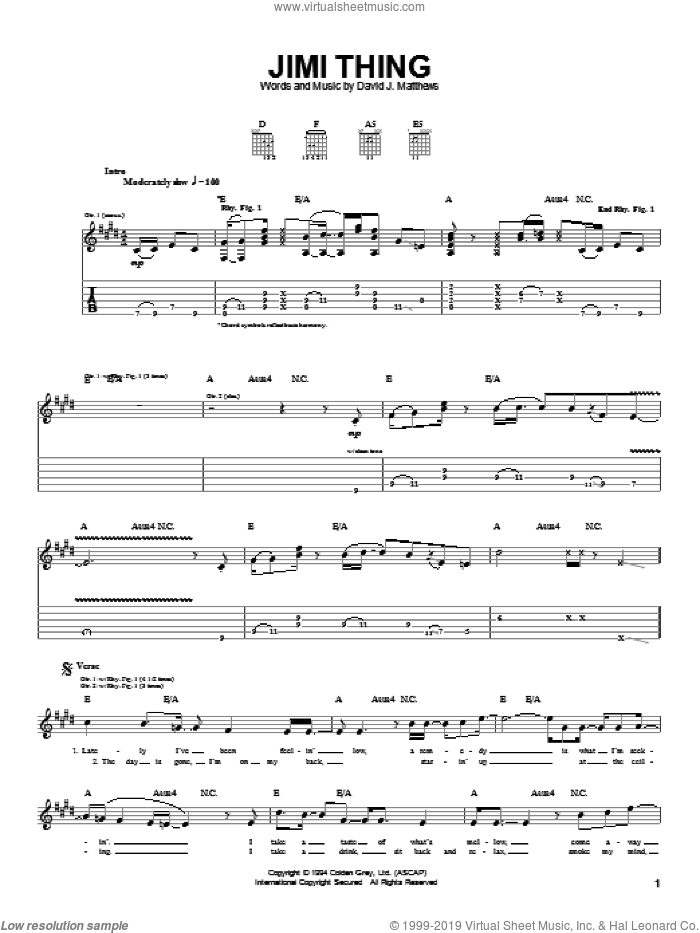 Jimi Thing sheet music for guitar (tablature) by Dave Matthews Band, intermediate skill level