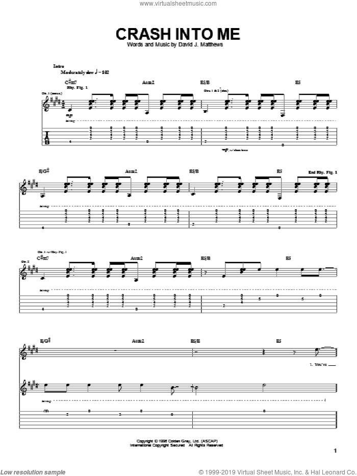 Crash Into Me sheet music for guitar (tablature) by Dave Matthews Band, intermediate skill level