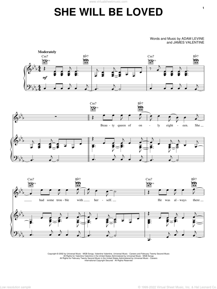 She Will Be Loved sheet music for voice, piano or guitar by Maroon 5, The Last Song (Movie), Adam Levine and James Valentine, intermediate skill level
