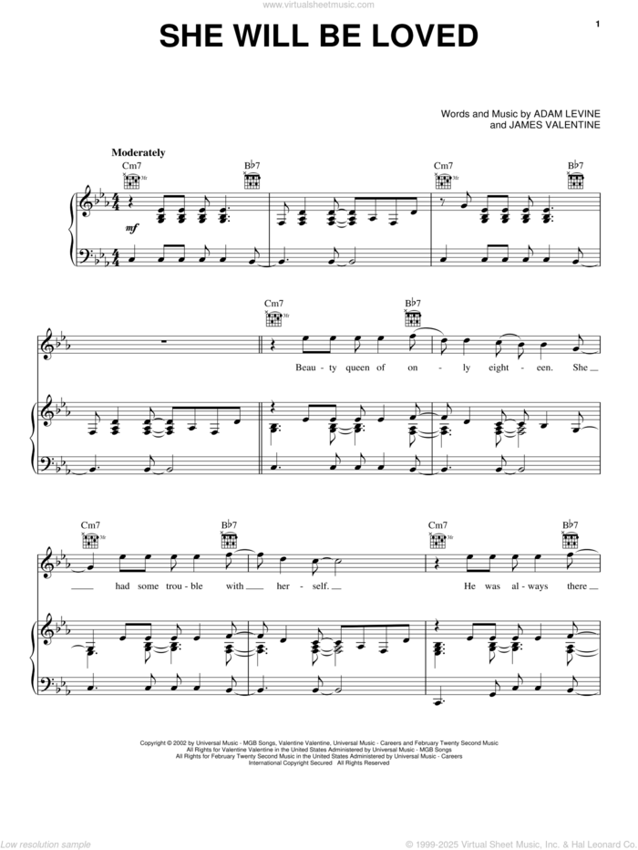 She Will Be Loved sheet music for voice, piano or guitar by Maroon 5, The Last Song (Movie), Adam Levine and James Valentine, intermediate skill level