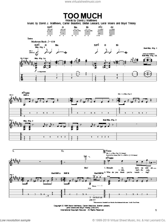 Too Much sheet music for guitar (tablature) by Dave Matthews Band, Boyd Tinsley, Carter Beauford, Leroi Moore and Stefan Lessard, intermediate skill level