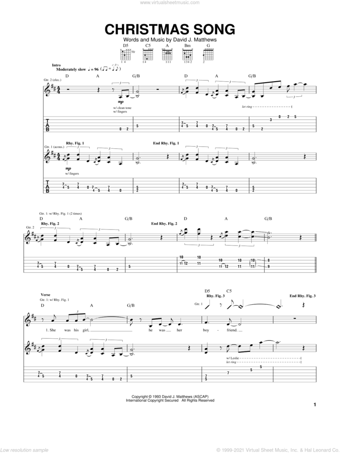 Christmas Song sheet music for guitar (tablature) by Dave Matthews Band, intermediate skill level