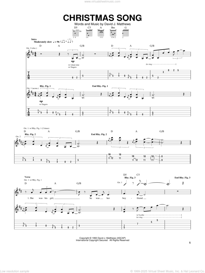 Christmas Song sheet music for guitar (tablature) by Dave Matthews Band, intermediate skill level