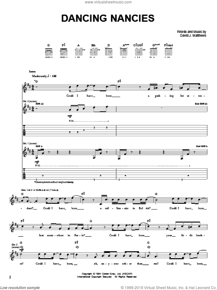 Dancing Nancies sheet music for guitar solo (chords) by Dave Matthews Band, easy guitar (chords)