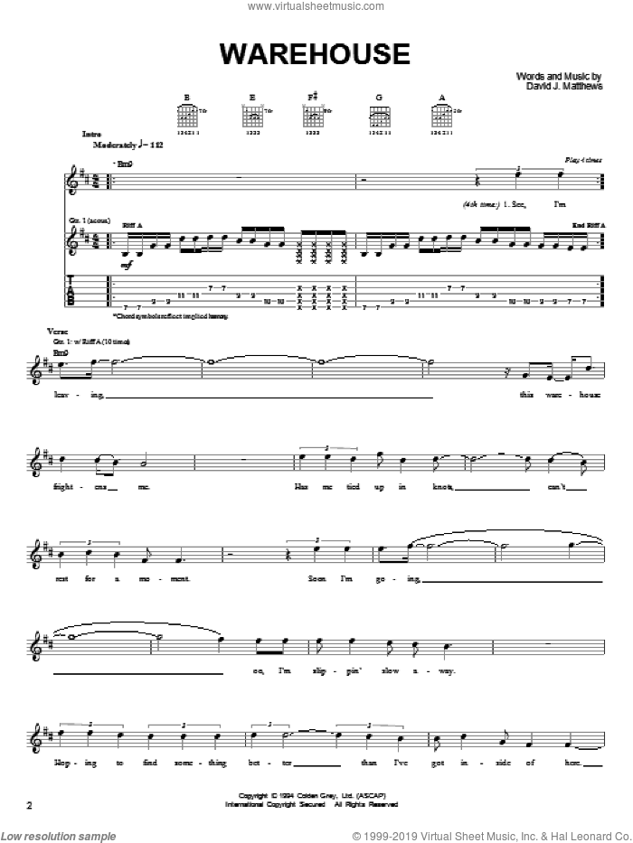 Warehouse sheet music for guitar solo (chords) by Dave Matthews Band, easy guitar (chords)