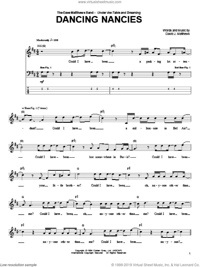 Dancing Nancies sheet music for bass (tablature) (bass guitar) by Dave Matthews Band, intermediate skill level