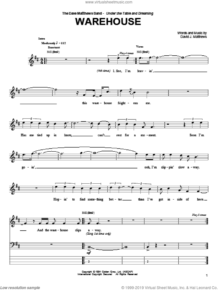 Warehouse sheet music for bass (tablature) (bass guitar) by Dave Matthews Band, intermediate skill level