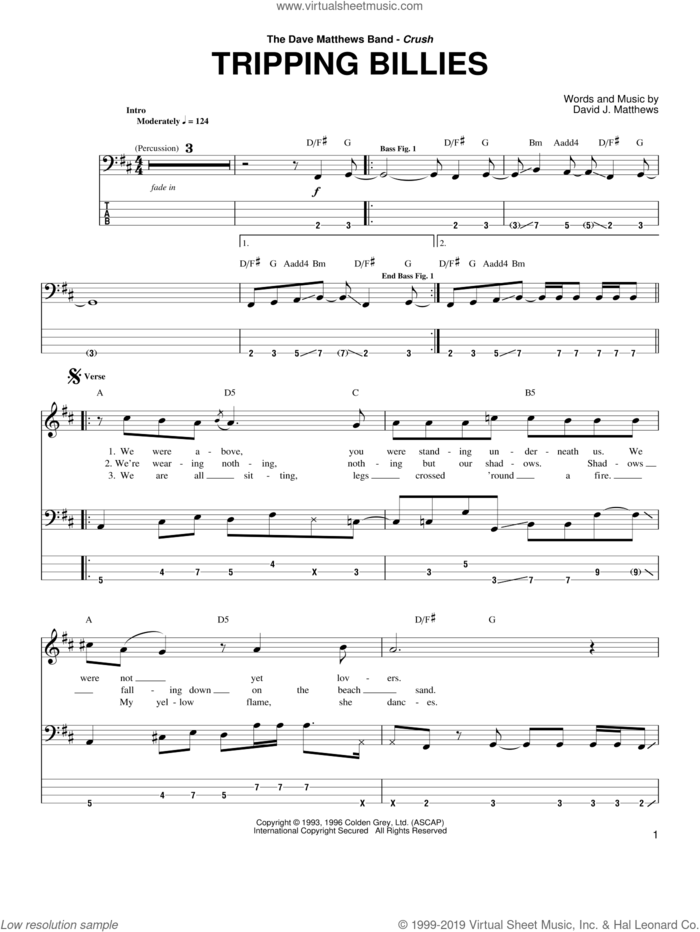 Tripping Billies sheet music for bass (tablature) (bass guitar) by Dave Matthews Band, intermediate skill level