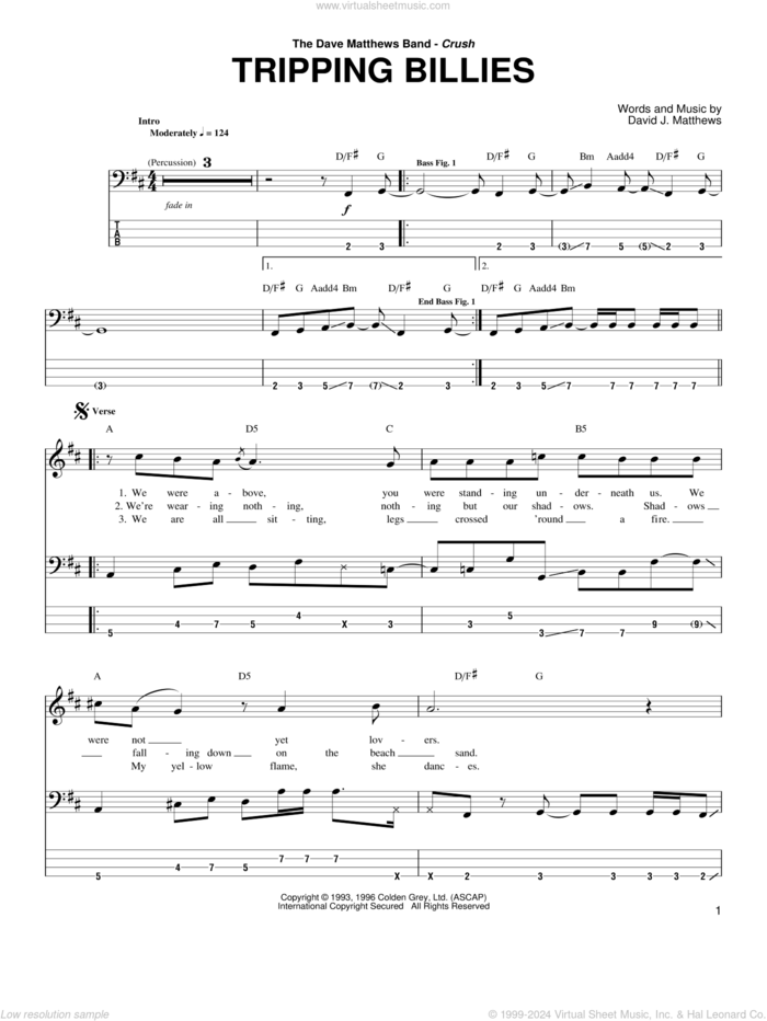 Tripping Billies sheet music for bass (tablature) (bass guitar) by Dave Matthews Band, intermediate skill level