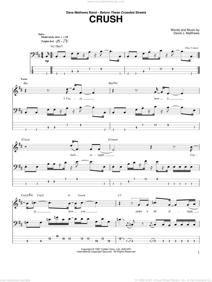 Crush sheet music for bass (tablature) (bass guitar) by Dave Matthews Band, intermediate skill level