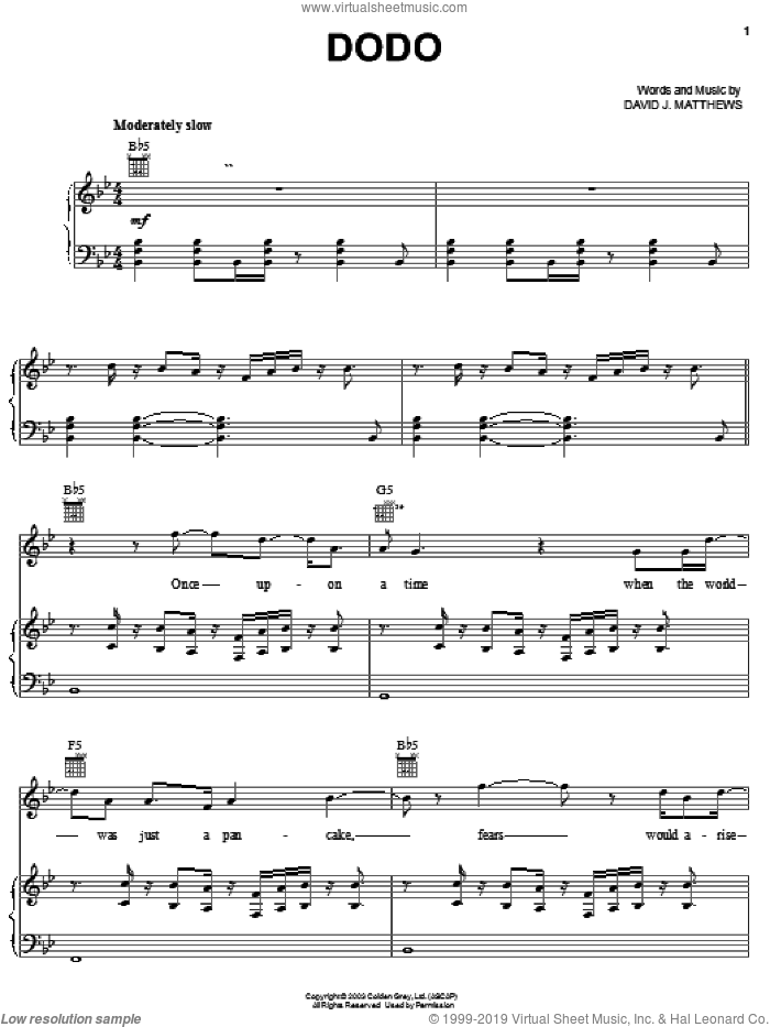 Dodo sheet music for voice, piano or guitar by Dave Matthews and Dave Matthews Band, intermediate skill level