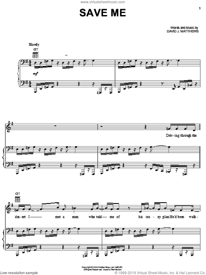 Save Me sheet music for voice, piano or guitar by Dave Matthews and Dave Matthews Band, intermediate skill level