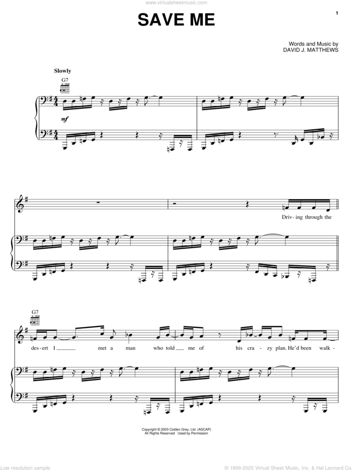 Save Me sheet music for voice, piano or guitar by Dave Matthews and Dave Matthews Band, intermediate skill level