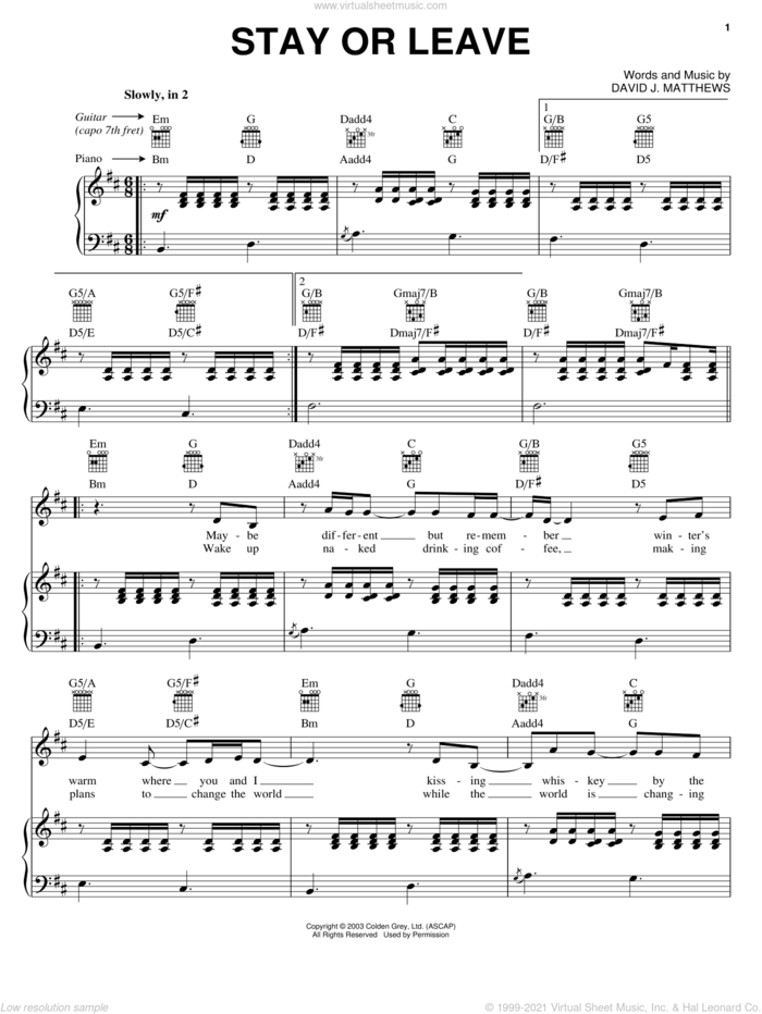 Stay or Leave sheet music for voice, piano or guitar by Dave Matthews and Dave Matthews Band, intermediate skill level