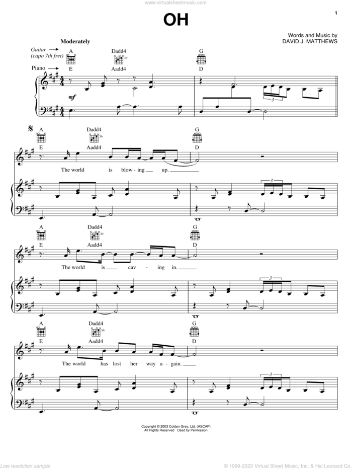 Oh sheet music for voice, piano or guitar by Dave Matthews and Dave Matthews Band, intermediate skill level