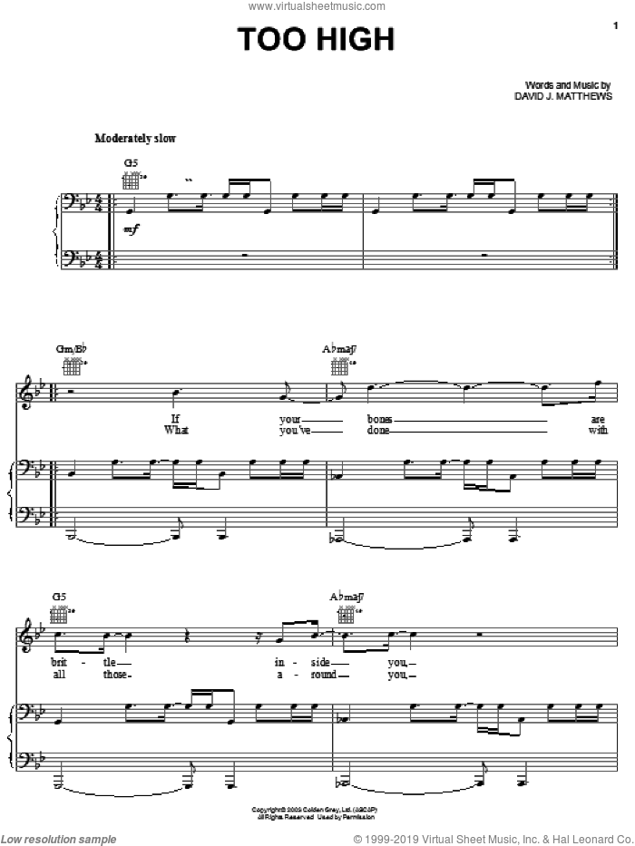 Too High sheet music for voice, piano or guitar by Dave Matthews and Dave Matthews Band, intermediate skill level