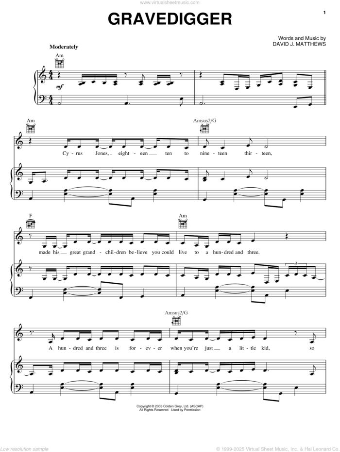 Gravedigger sheet music for voice, piano or guitar by Dave Matthews and Dave Matthews Band, intermediate skill level