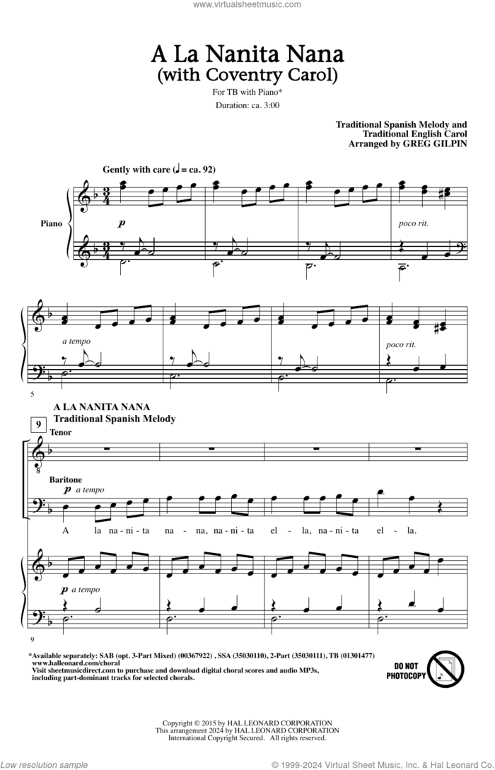 A La Nanita Nana (with Coventry Carol) sheet music for choir (TB: tenor, bass) by Greg Gilpin and Miscellaneous, intermediate skill level