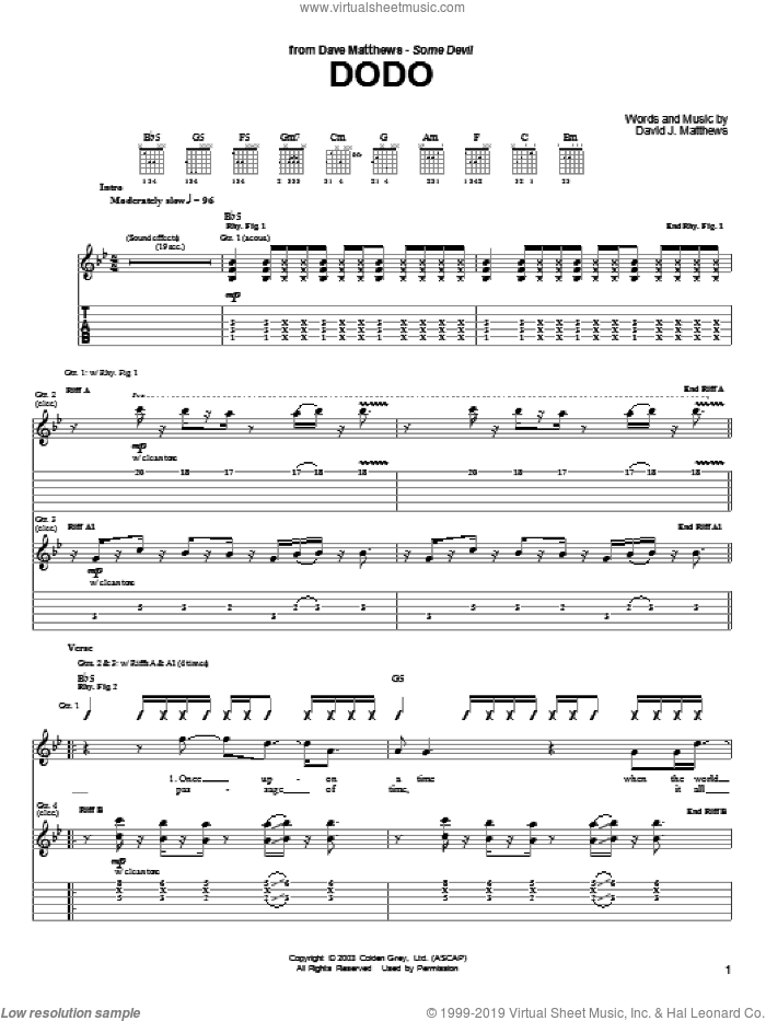 Dodo sheet music for guitar (tablature) by Dave Matthews and Dave Matthews Band, intermediate skill level