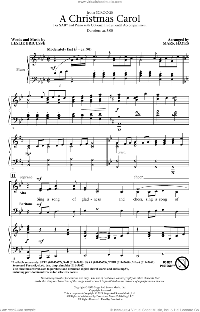 A Christmas Carol (from Scrooge) (arr. Mark Hayes) sheet music for choir (SAB: soprano, alto, bass) by Leslie Bricusse and Mark Hayes, intermediate skill level