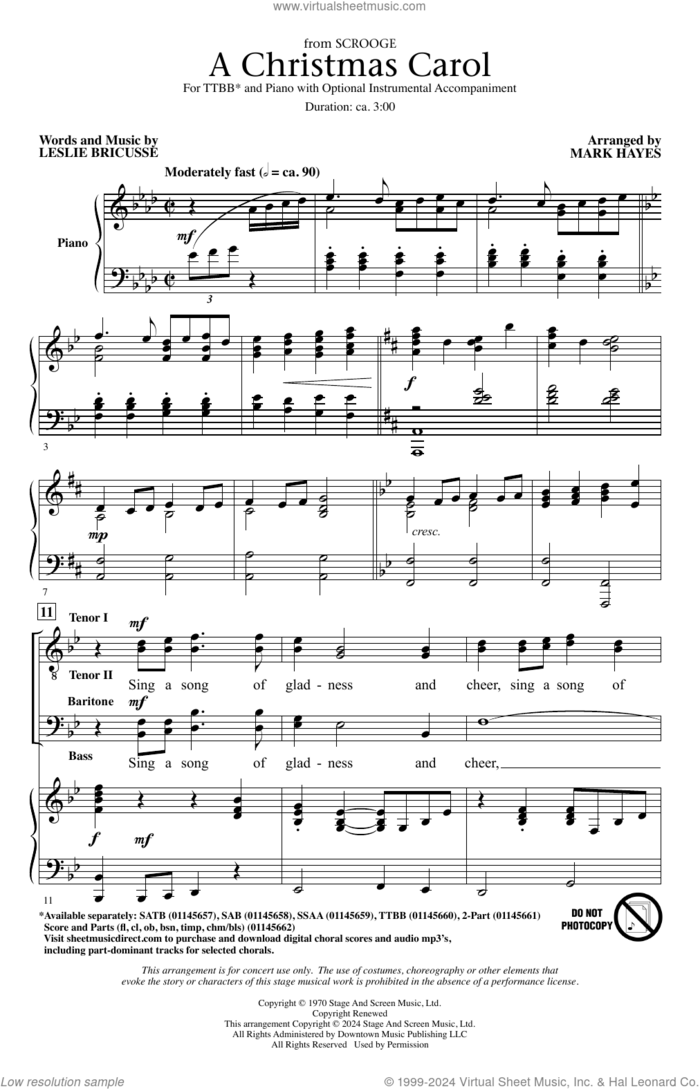 A Christmas Carol (from Scrooge) (arr. Mark Hayes) sheet music for choir (TTBB: tenor, bass) by Leslie Bricusse and Mark Hayes, intermediate skill level