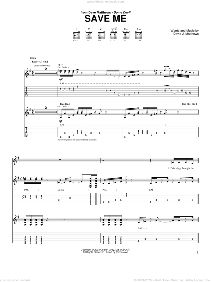 Save Me sheet music for guitar (tablature) by Dave Matthews and Dave Matthews Band, intermediate skill level