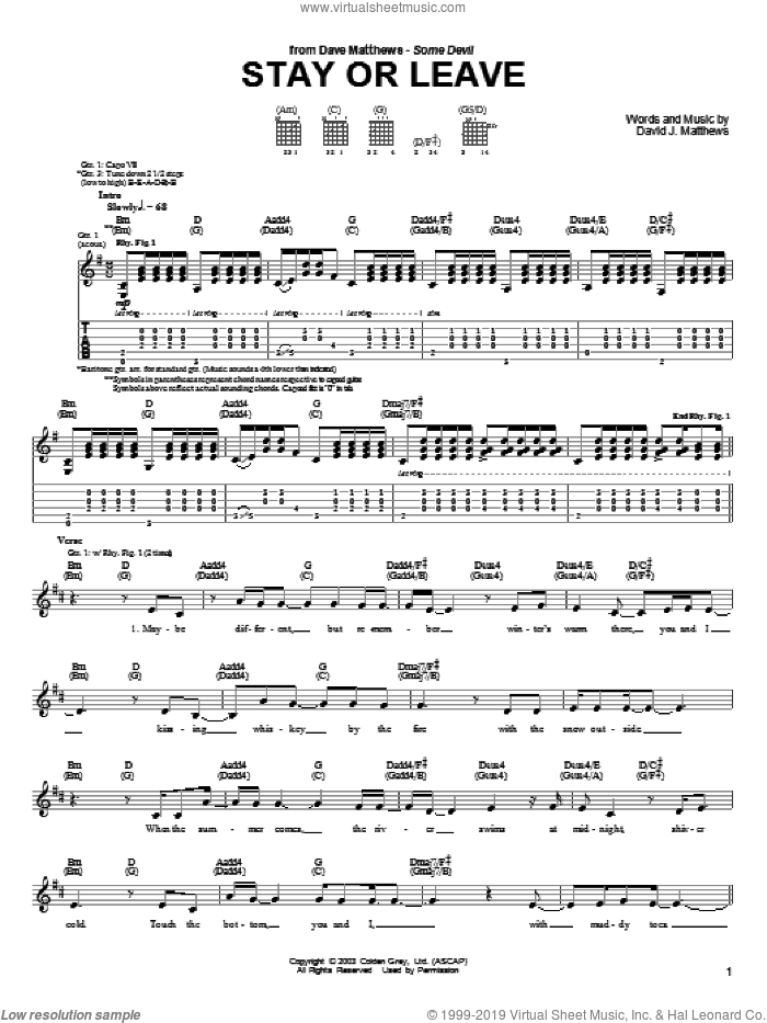 Stay or Leave sheet music for guitar (tablature) by Dave Matthews and Dave Matthews Band, intermediate skill level