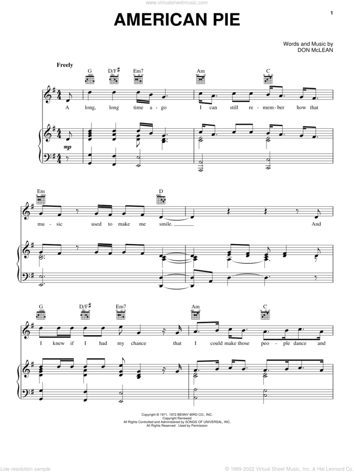 American Pie sheet music for voice, piano or guitar by Don McLean, intermediate skill level
