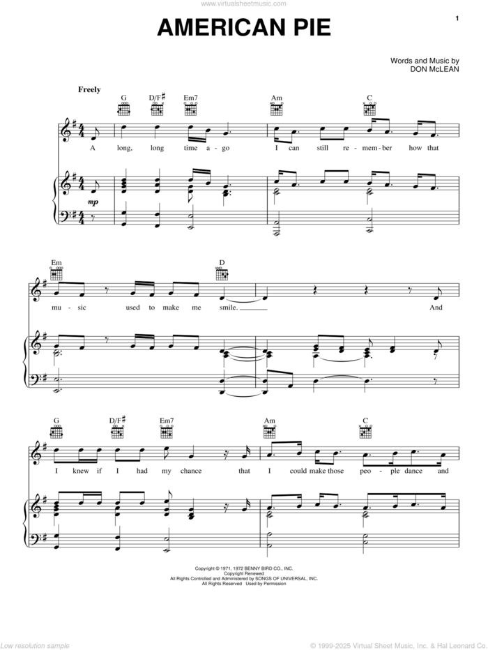 American Pie sheet music for voice, piano or guitar by Don McLean, intermediate skill level