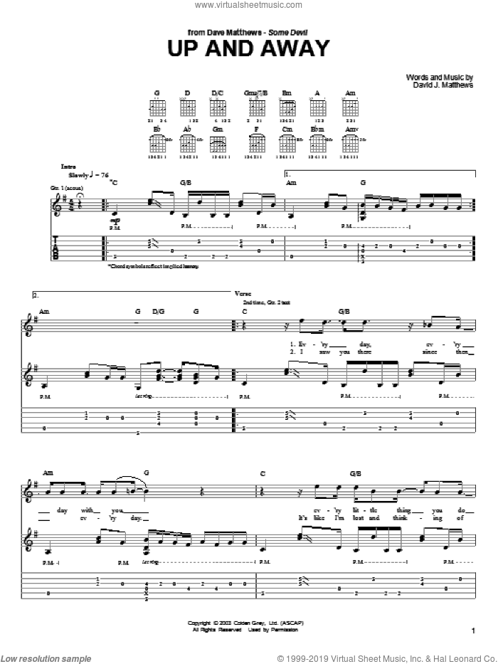 Up and Away sheet music for guitar (tablature) by Dave Matthews and Dave Matthews Band, intermediate skill level