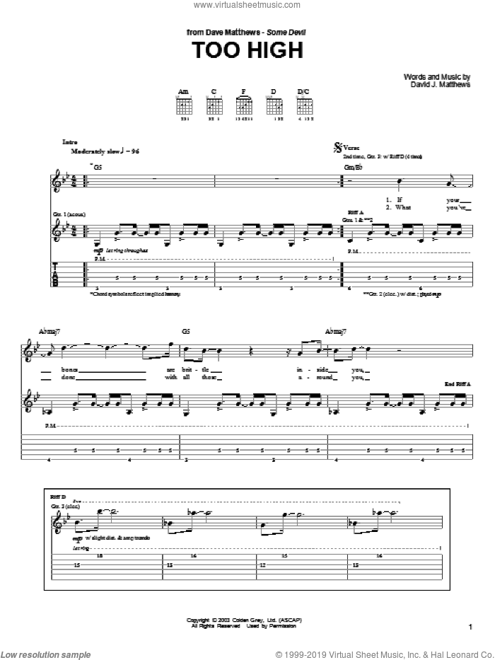 Too High sheet music for guitar (tablature) by Dave Matthews and Dave Matthews Band, intermediate skill level