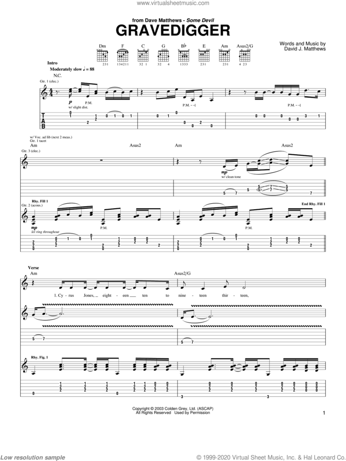 Gravedigger sheet music for guitar (tablature) by Dave Matthews and Dave Matthews Band, intermediate skill level