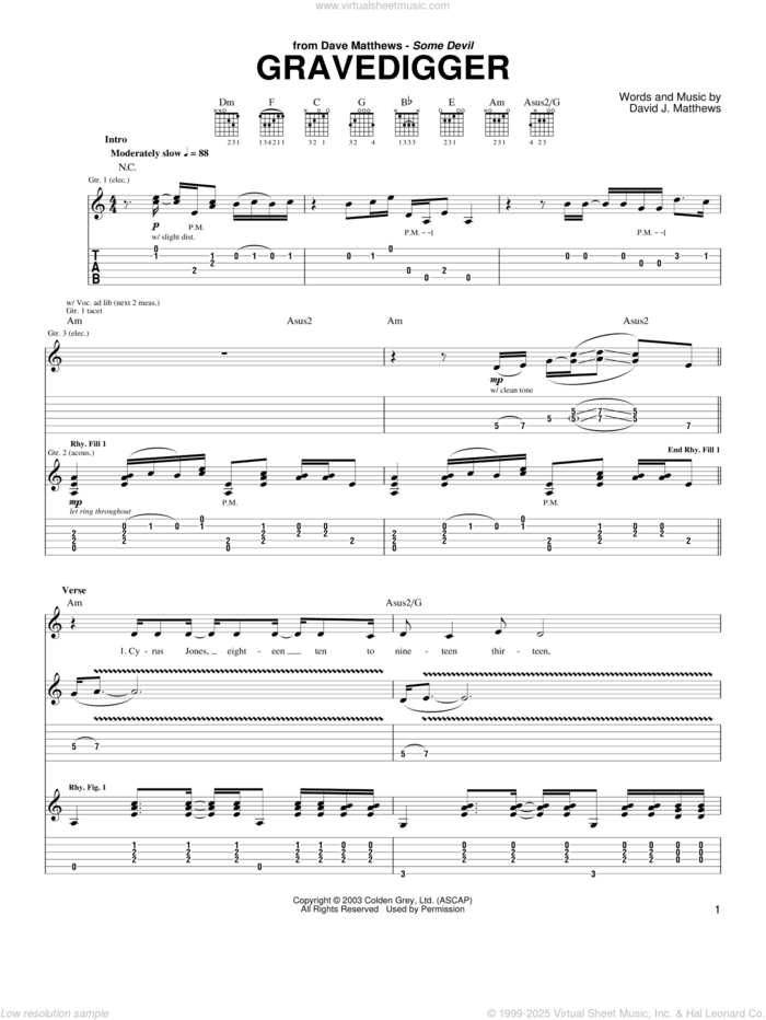 Gravedigger sheet music for guitar (tablature) by Dave Matthews and Dave Matthews Band, intermediate skill level