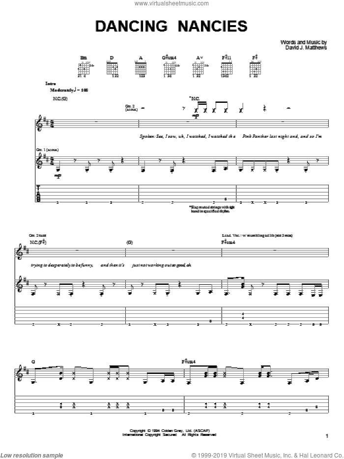 Dancing Nancies sheet music for guitar (tablature) by Dave Matthews & Tim Reynolds, Dave Matthews, Tim Reynolds and Dave Matthews Band, intermediate skill level