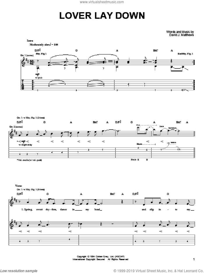 Lover Lay Down sheet music for guitar (tablature) by Dave Matthews & Tim Reynolds, Dave Matthews, Tim Reynolds and Dave Matthews Band, intermediate skill level